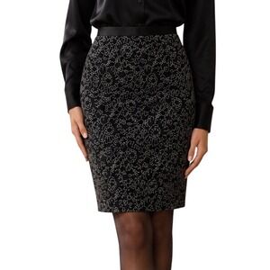 Escada Couture Black Silver Metallic Floral Lace Pencil Skirt Silk Lined Size 38